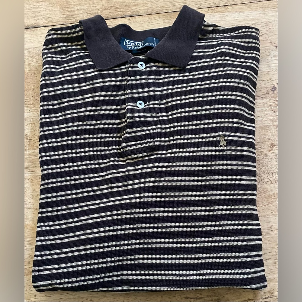 Polo RL Men’s Sz XL Brown/Tan‎ Pinstripe Mesh Knit Polo Shirt